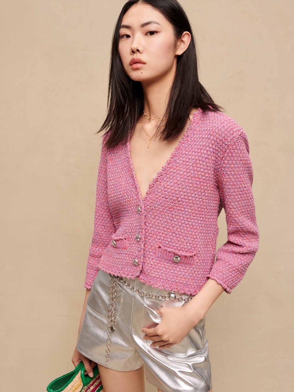 Maje Tweed-Effect Pink Knit Cardigan